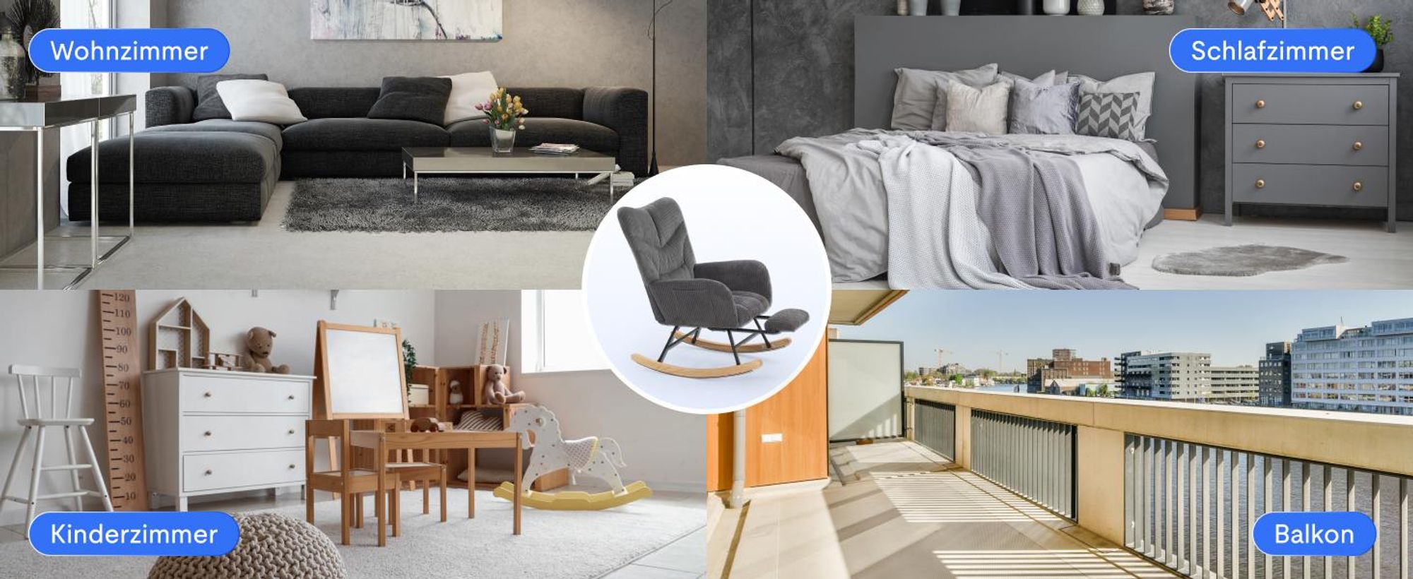 FLEXISPOT Schaukelstuhl Schaukelsessel hohe Rückenlehne & Fußstütze, Moderner Relaxsessel mit Holzkufen, gepolstert für Wohnzimmer, bis 120 kg Grau