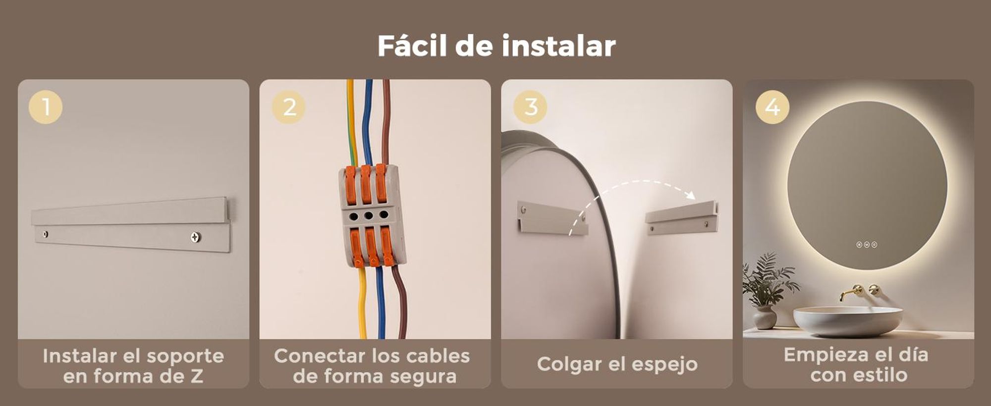 Espejo baño con luz LED redondo 70 cm S'AFIELINA, espejos de baño con led, espejo con luz baño, antivaho, regulable, 3 tonos de luz, memoria, IP65