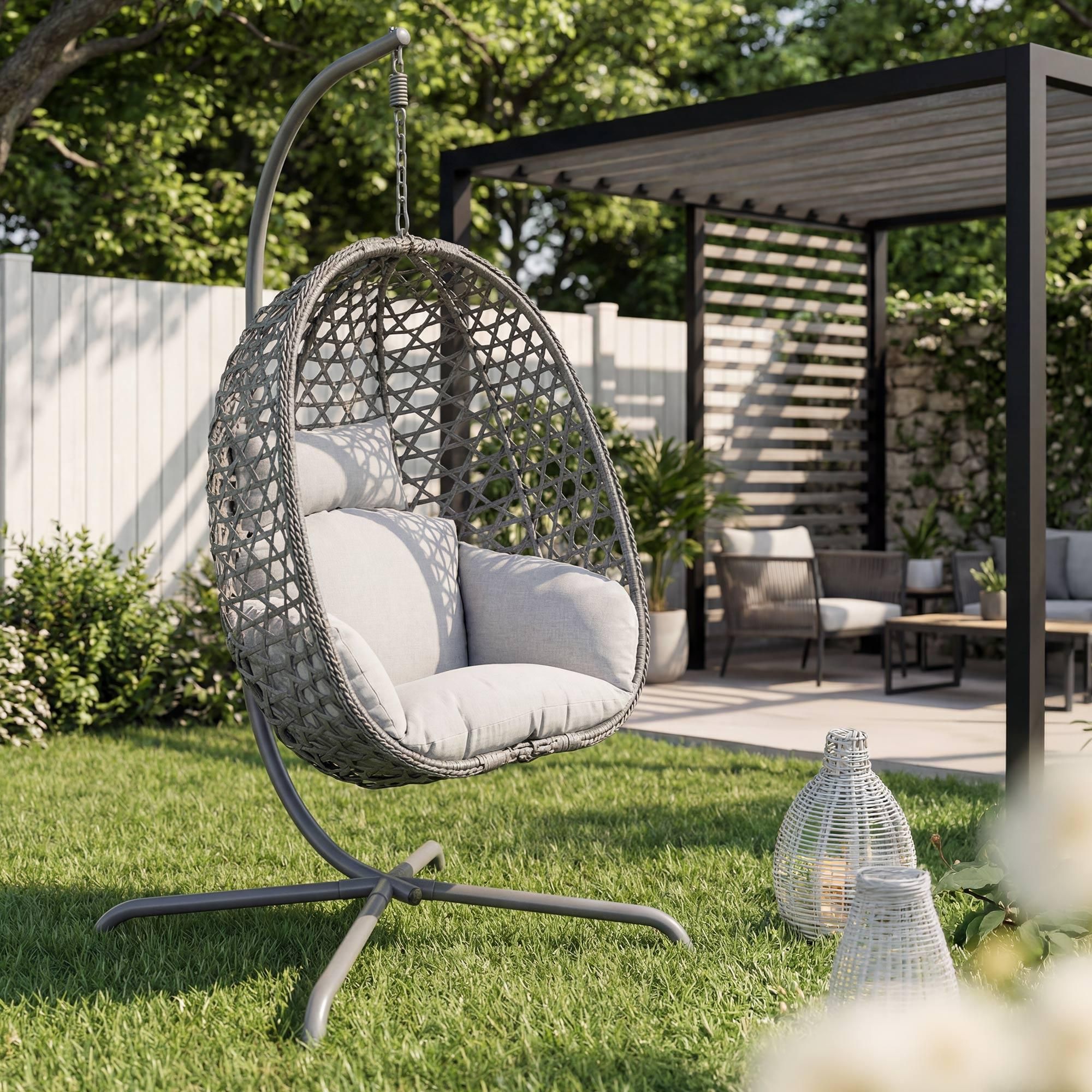 di volio Hängesessel SOMI mit Gestell - grau, Hängesessel Outdoor aus PE-Rattan mit Stahlgestell, wetterfest & bequem
