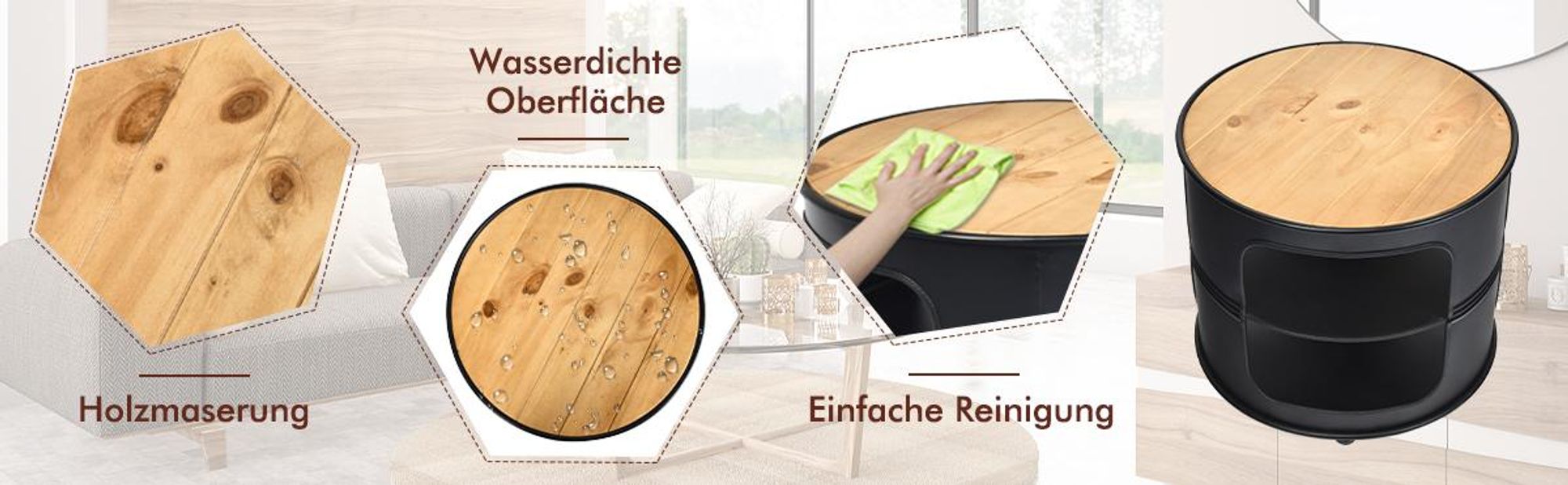 COSTWAY Industrie Beistelltisch aus Holz und Metall, 3 Ebenen Sofatisch, Kaffeetisch bis 50kg belastbar, Telefontisch rund, Nachttisch 50x50x41,5cm