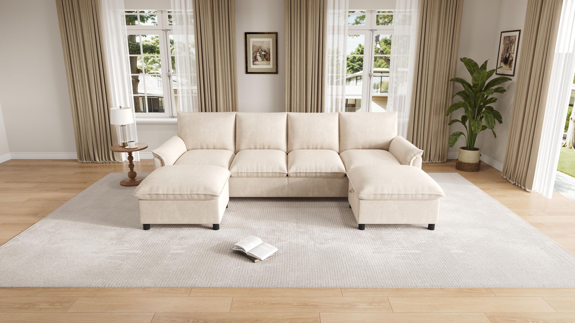Merax U-Form Sofa, 4-Sitzer Ecksofa mit 2 Fußhockern, Modulares Cloud-Sofa mit Bettkasten, Chenille Couch Mit Stauraum, Soffa, Wohnzimmersofa, Beige