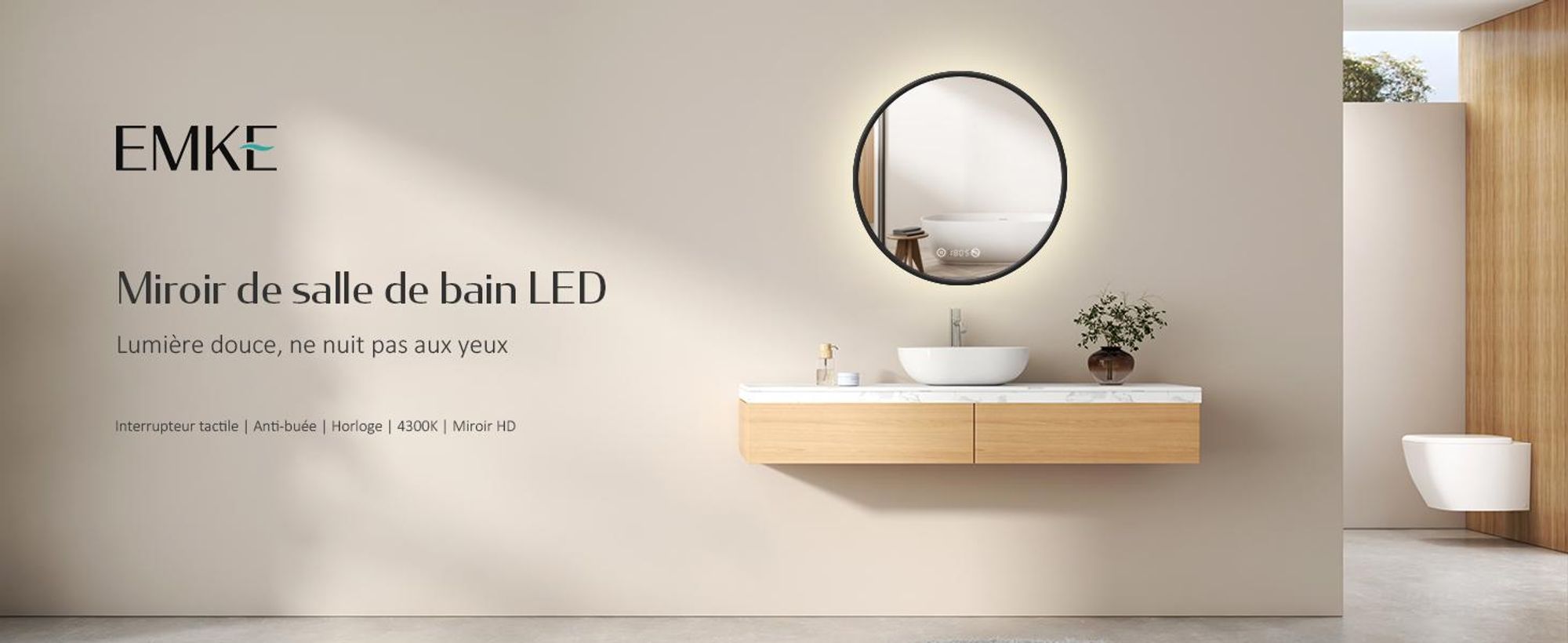 EMKE Miroir de salle de bain rond LED avec éclairage ф60cm Miroir de salle de bain noir rond avec antibuée, horloge, température, variateur, fonction mémoire - Lumières neutres 4300K