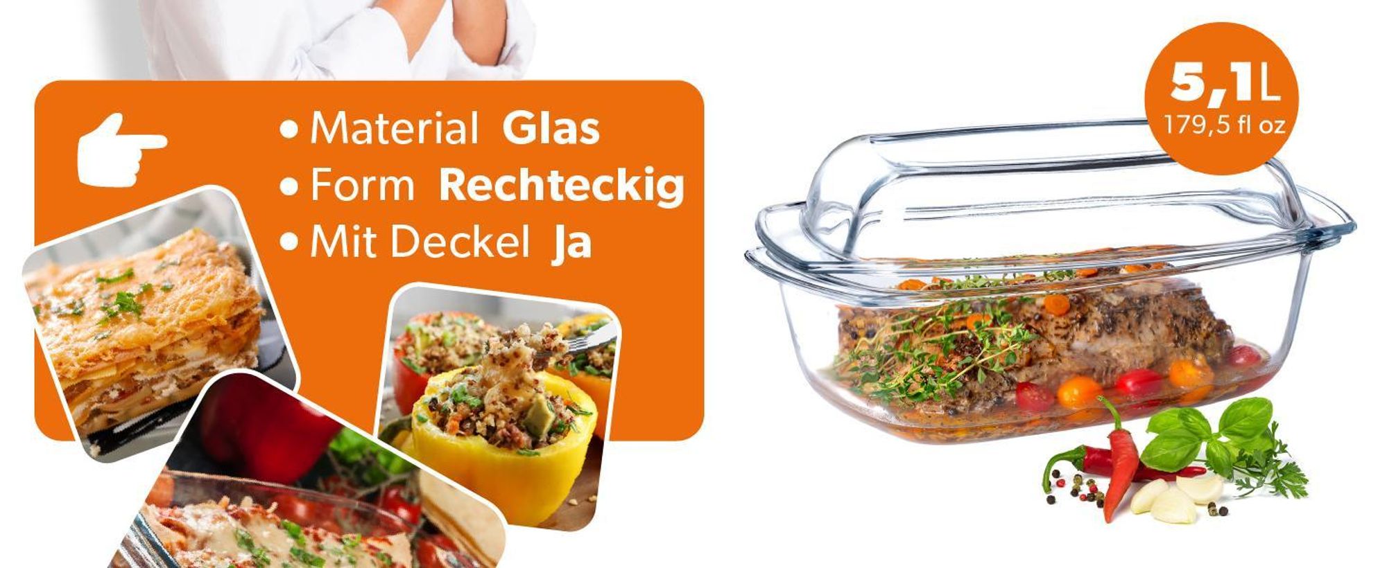 KADAX Auflaufform aus hitzebeständigem Glas "Backe", Glasbräter mit Deckel, transparent, rechteckig, 5.1L