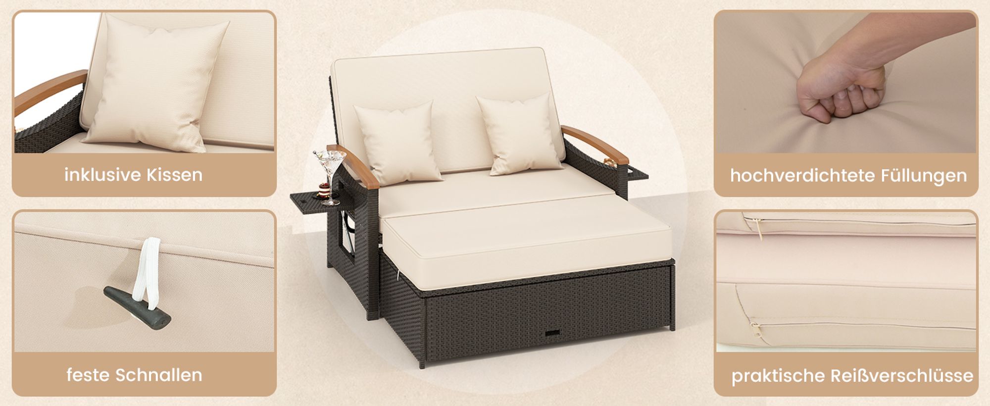 Rattan Lounge Möbel Outdoor, Gartenlounge 2 Sitzer mit Liegefunktion, Gartensofa-Set mit Hocker, Doppelliege mit Stauraum