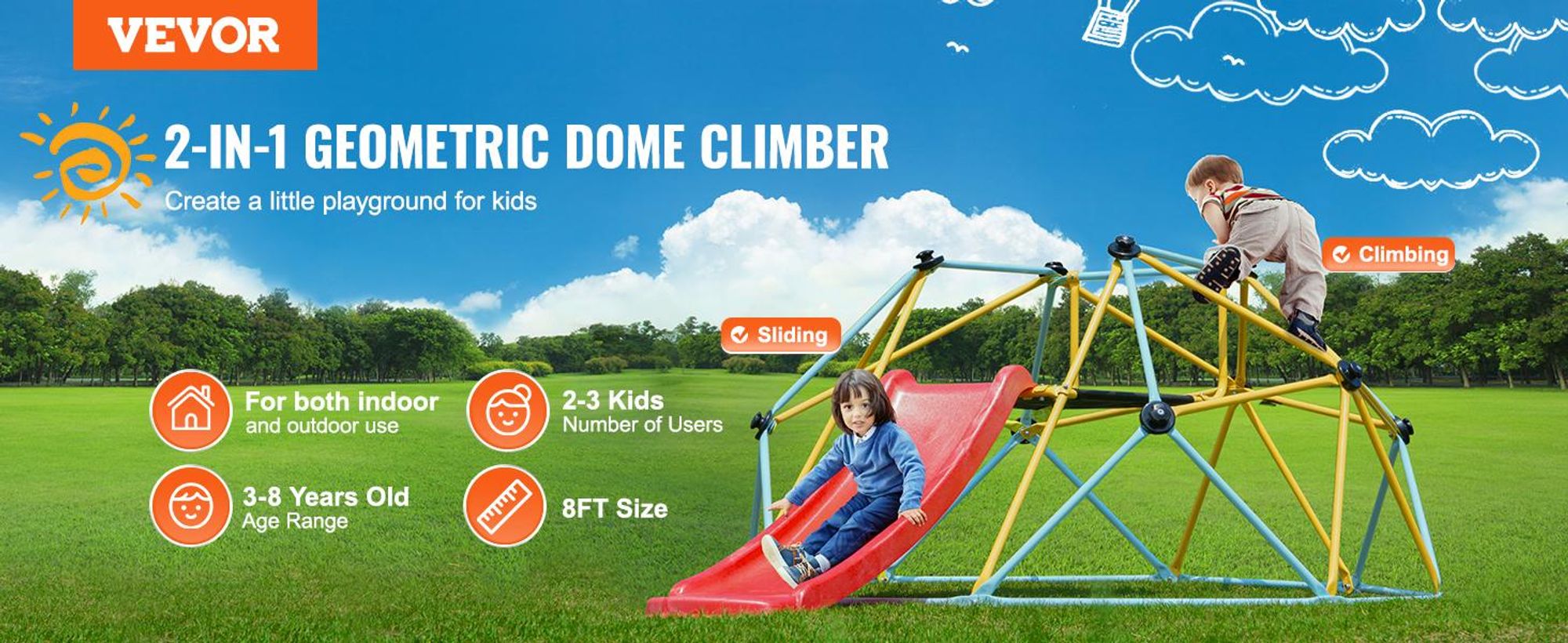 VEVOR Kletterkuppel, 2,44 m geometrisches Klettergerüst mit Rutsche, für Kinder von 3 bis 9 Jahren, Klettergerüst 272 kg Tragfähigkeit, mit Klettergriff, Indoor-/Outdoor-Spielgerät ideal Hinterhof