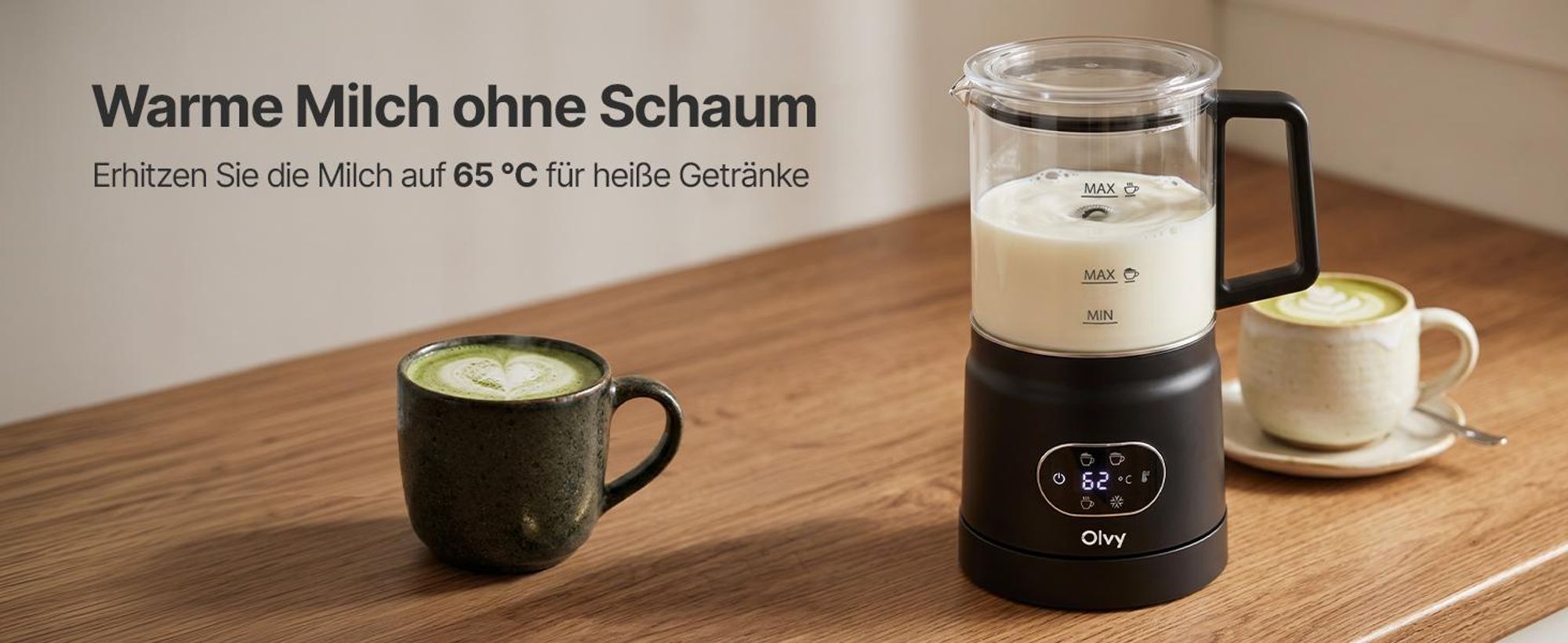 Olvy Elektrischer Milchaufschäumer aus Glas 4-in-1, 500 W, Temperaturanzeige, 160 ml Milchschaum, 400 ml Milcherhitzung, Heiß- & Kaltschaum, Schwarz