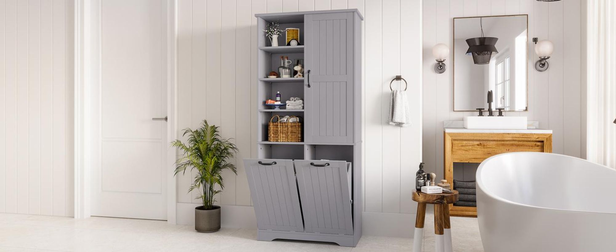 STILVORA 78x35x172cm Badkommode weiß mit verstellbare Regale, Hochschrank Badezimmerschrank mit 2 wäschekorb,grau