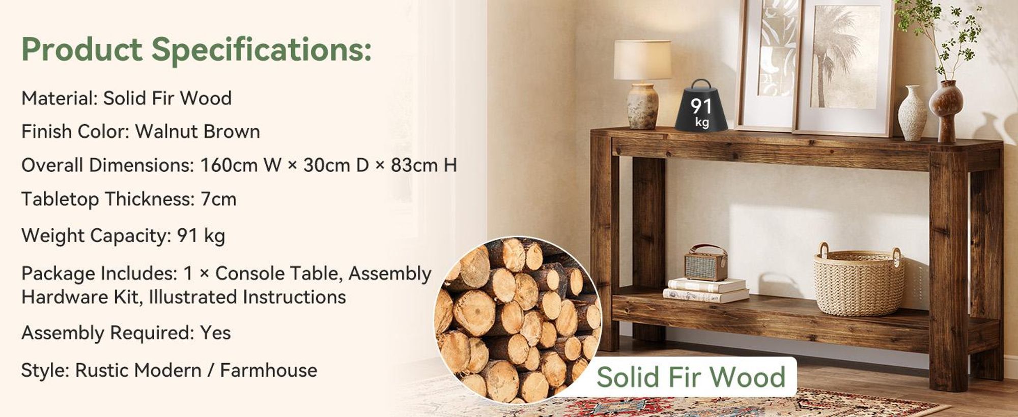 Tribesigns 160 cm Konsolentisch aus Massivholz, Eingangsbereich, Schmaler Sofatisch mit 2-stufigem Ablageboden, Moderner Flurtisch für Wohnzimmer