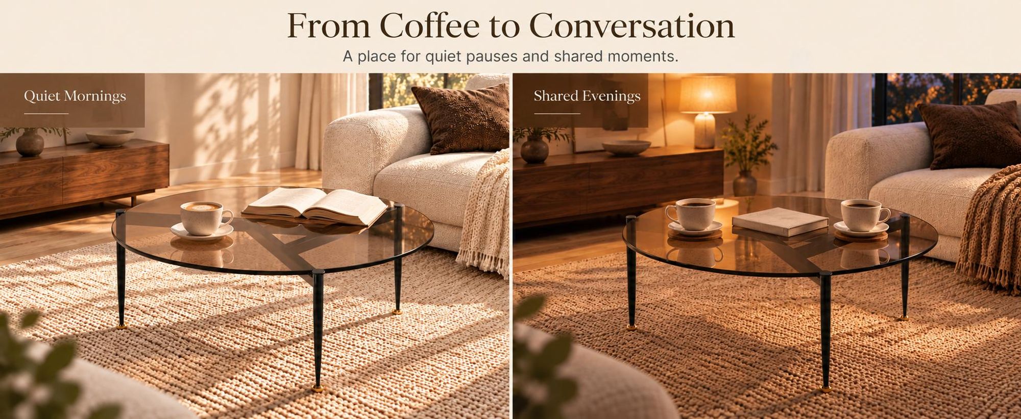 WISFOR Couchtisch rund Ø80 cm, Glastisch braun mit schwarzem Metallgestell, Sofatisch 40 cm hoch