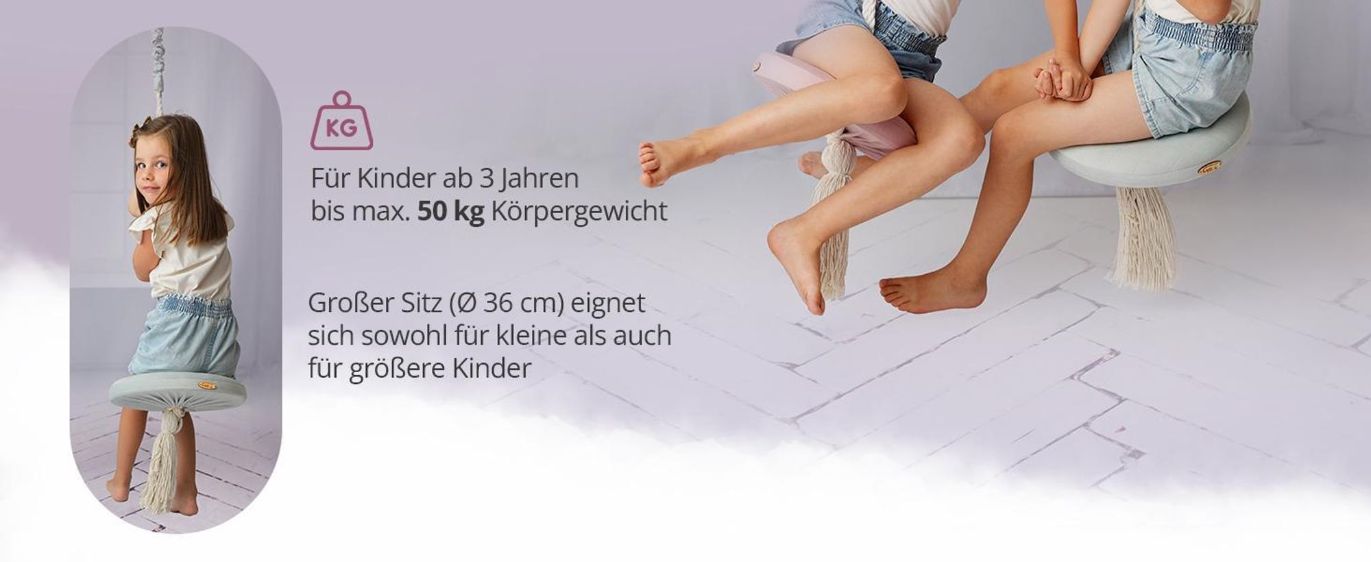 Create for you® - Ring Schaukel für Kinder Indoor, mit Baumwollseil, Runde Kinderschaukel, Weicher Sitz, Durchmesser 36 cm, Grau