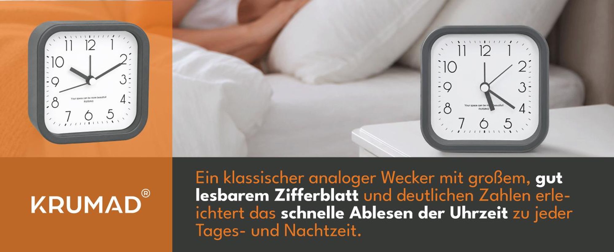 KRUMAD Analog Wecker ohne Ticken, lautloser Reisewecker mit Snooze Funktion, kleiner Tischwecker mit Alarm und Lautstärkeregelung, Vintage Design