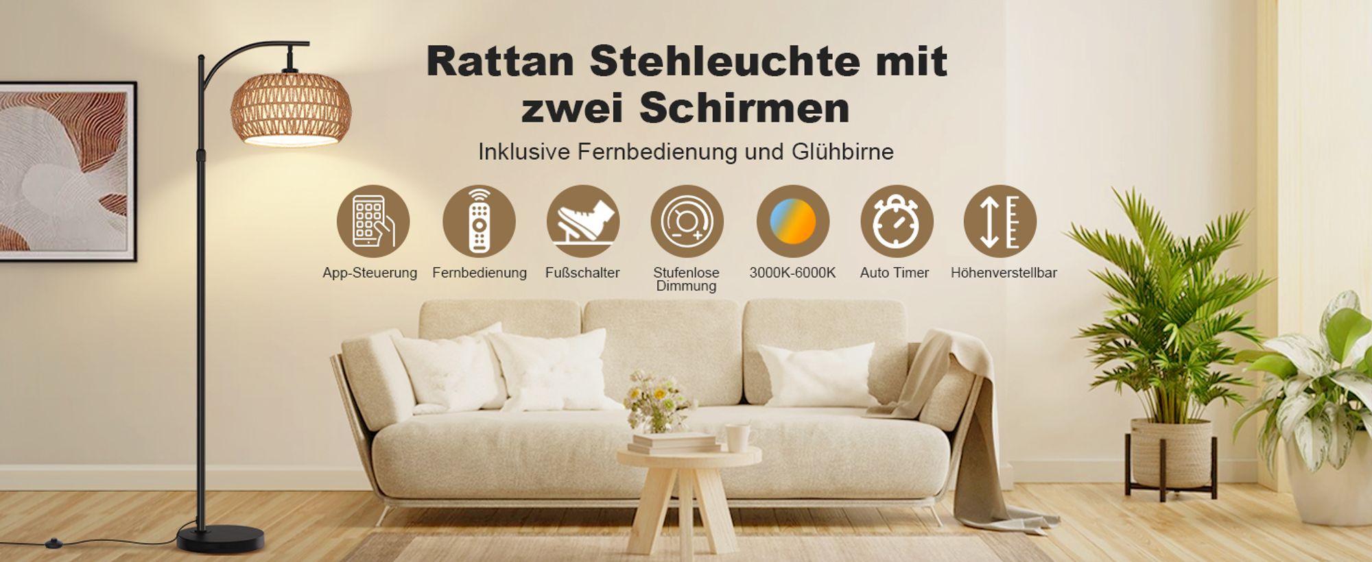 Stehlampe Wohnzimmer, Dimmbare Rattan Standleuchte mit 3 Farb,Fernbedienung und Fußschalter, App-Steuerung,12W E26 Bogenlampe,Standleuchte Leselampe
