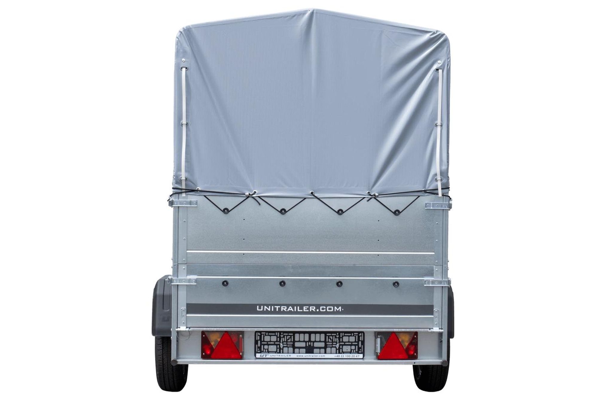 Přívěs za auto na pružinách 230x125 UNITRAILER GARDEN 230/R KIPP s bočnicemi BIS, rámem H-800 a šedou plachtou