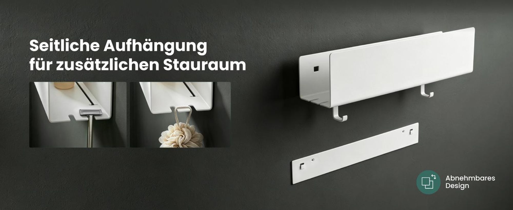 Mai & Mai Duschablage ohne Bohren mit 2 Schiebehaken, Duschablage zum Hängen Weiß 40cm Reglo-18