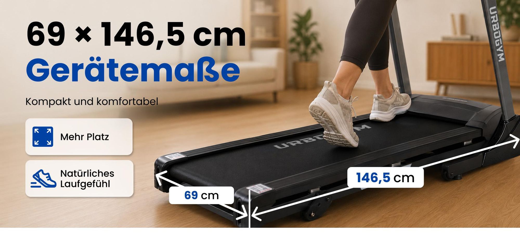 URBOGYM V520 Laufband klappbar bis 15 km/h, 1,5 PS, 12 Programme, 3 Steigungsstufen, Bluetooth, bis 130 kg