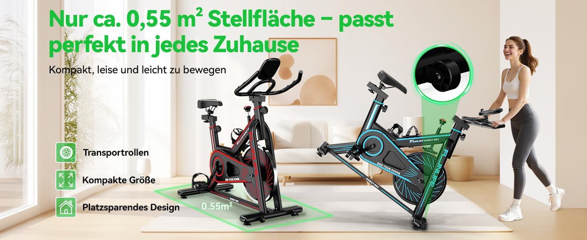 FunLife C1 Heimtrainer – Indoor Bike mit Bluetooth, FitShow & Kinomap, stufenlosem Widerstand, Herzfrequenzmessung, bis 120 kg
