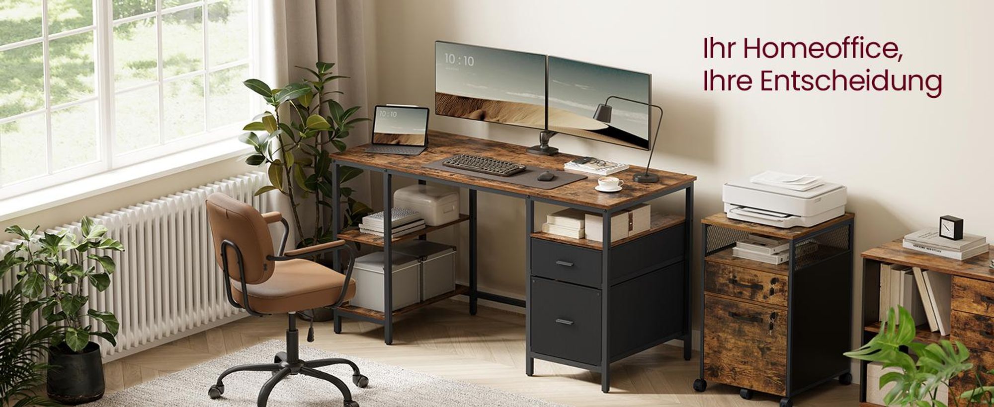 VASAGLE Computertisch, Bürotisch, Schreibtisch, mit 3 Ablagen, 2 Schubladen