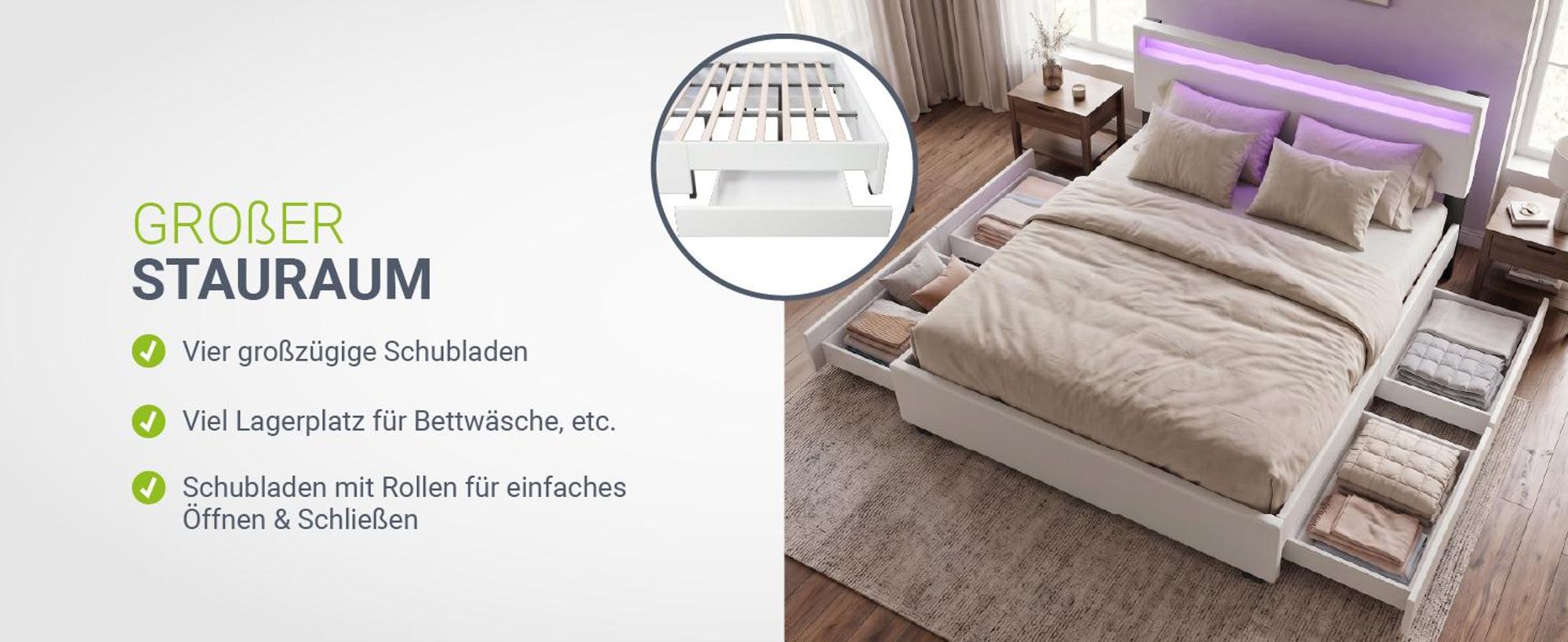 Juskys Polsterbett Lyon 180 x 200 cm weiß – Bettgestell mit Lattenrost, Bettkasten & LED Beleuchtung  – Kunstleder & Holz – Bett Doppelbett