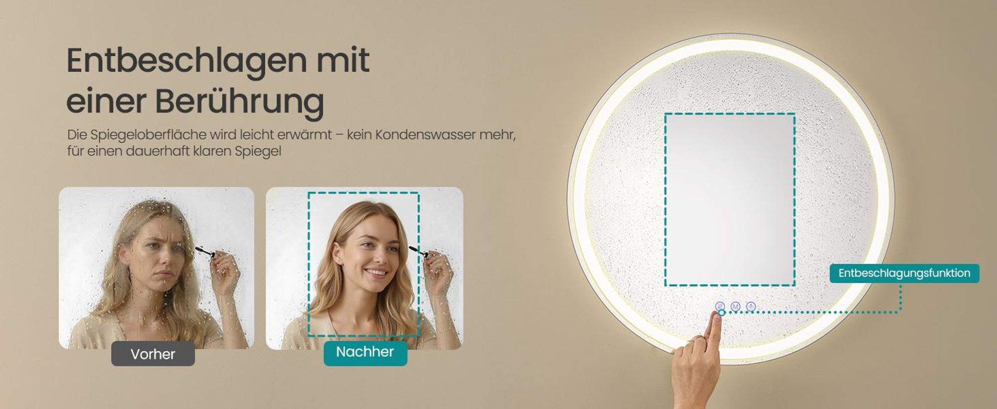 SONGMICS Runder Badspiegel, LED Wandspiegel, Badezimmerspiegel einstellbarer Helligkeit, für Schlafzimmer, 51 cm, weiß