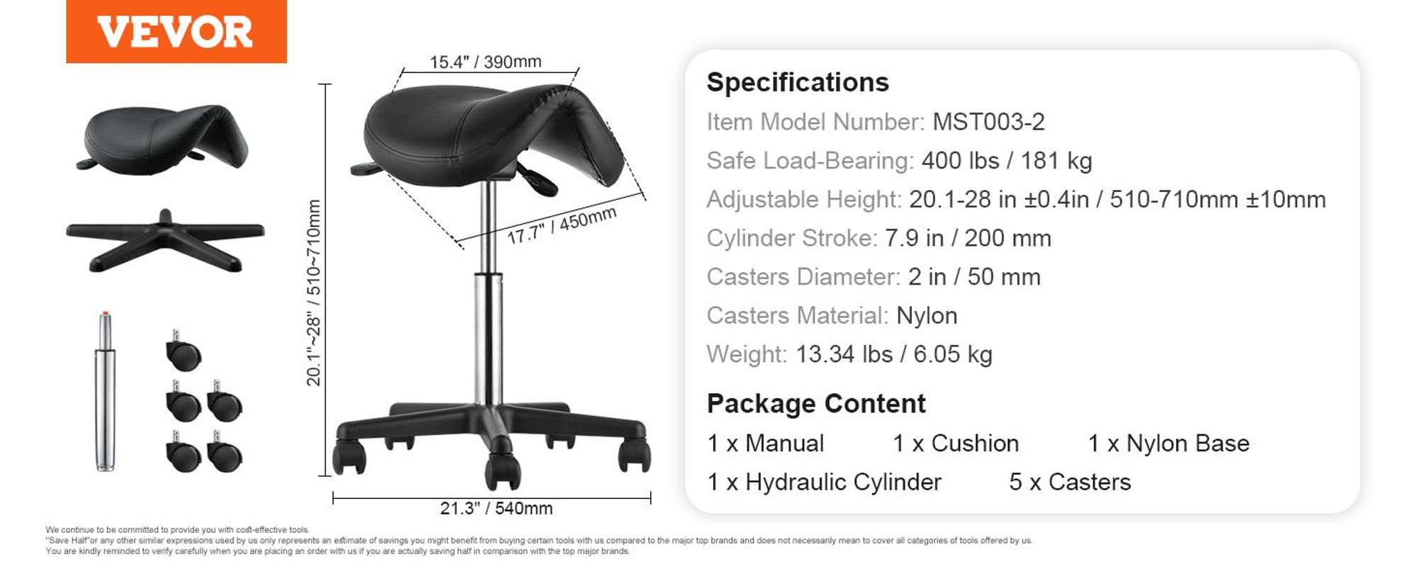 VEVOR Sattelhocker mit Rädern, 181 kg Gewichtskapazität, Ergonomischer Rollsattelhocker, Höhenverstellbar, Verdicktes Kunstleder, Drehsattelhocker, Stuhl für Salon, Spa, Klinik, Schwarz