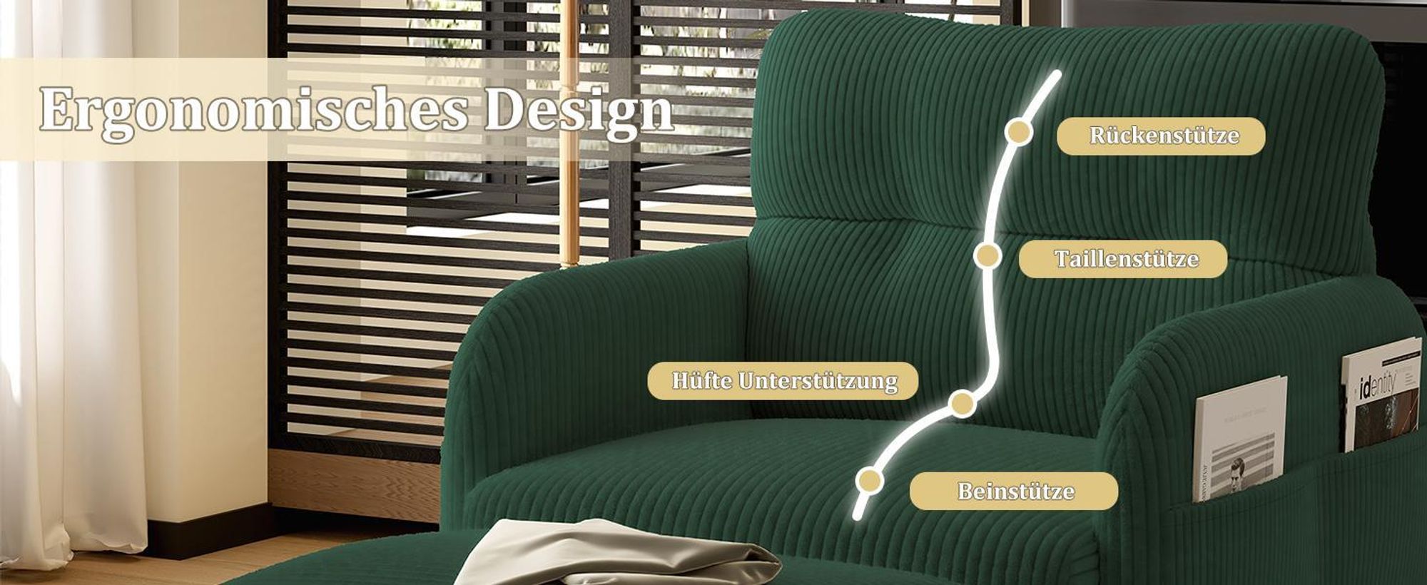 LVHOM Sessel mit Seitentaschen, Relaxsessel Cordstoff, Polstersessel Lehnstuhl Wohnzimmersessel mit Metallbeine, Beige