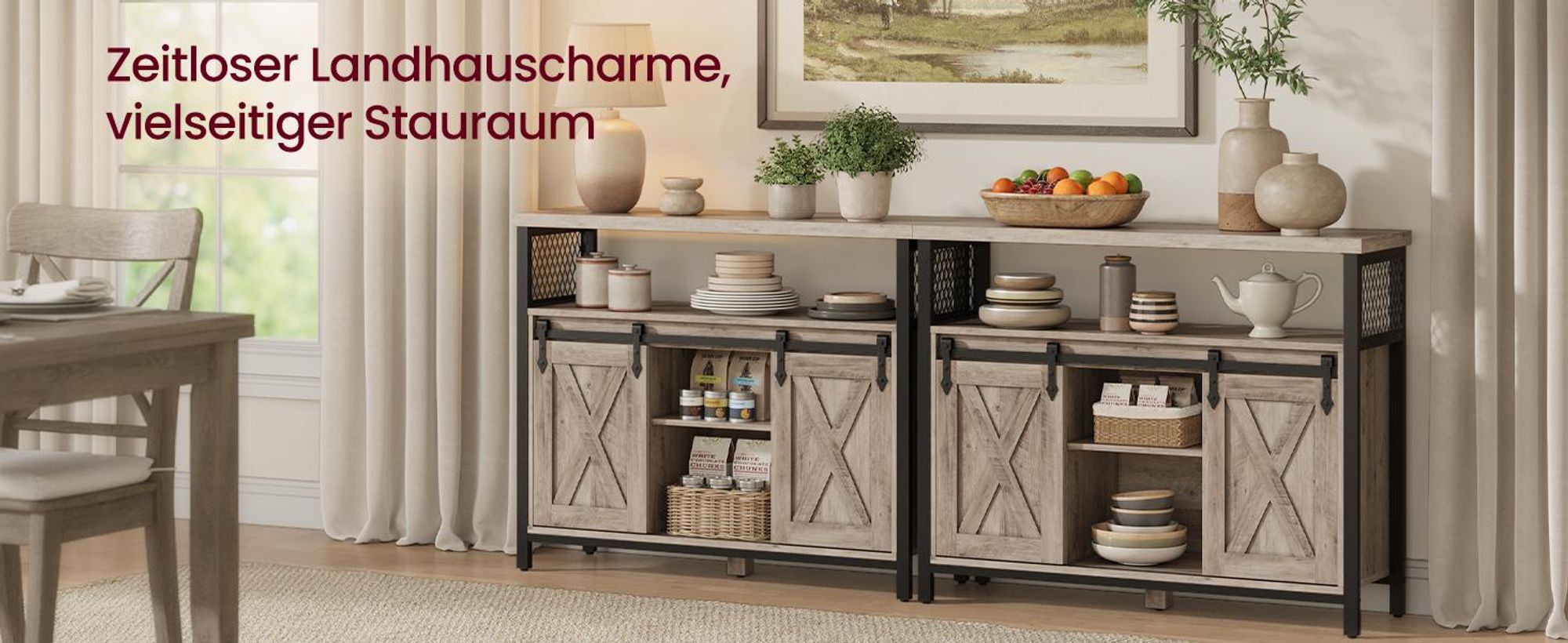 VASAGLE Sideboard Küchenschrank, mit 2 Schiebetüren, verstellbare Ablagen