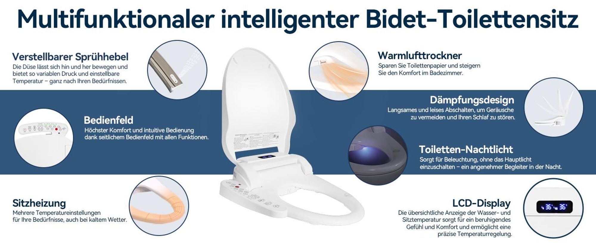 Puluomis Intelligenter Toilettensitz mit Warmluft & Heizsitz, Selbstreinigende Bidet-Funktion, 3-Temperaturstufen, LCD Display, Dämpfungsdesign kurz