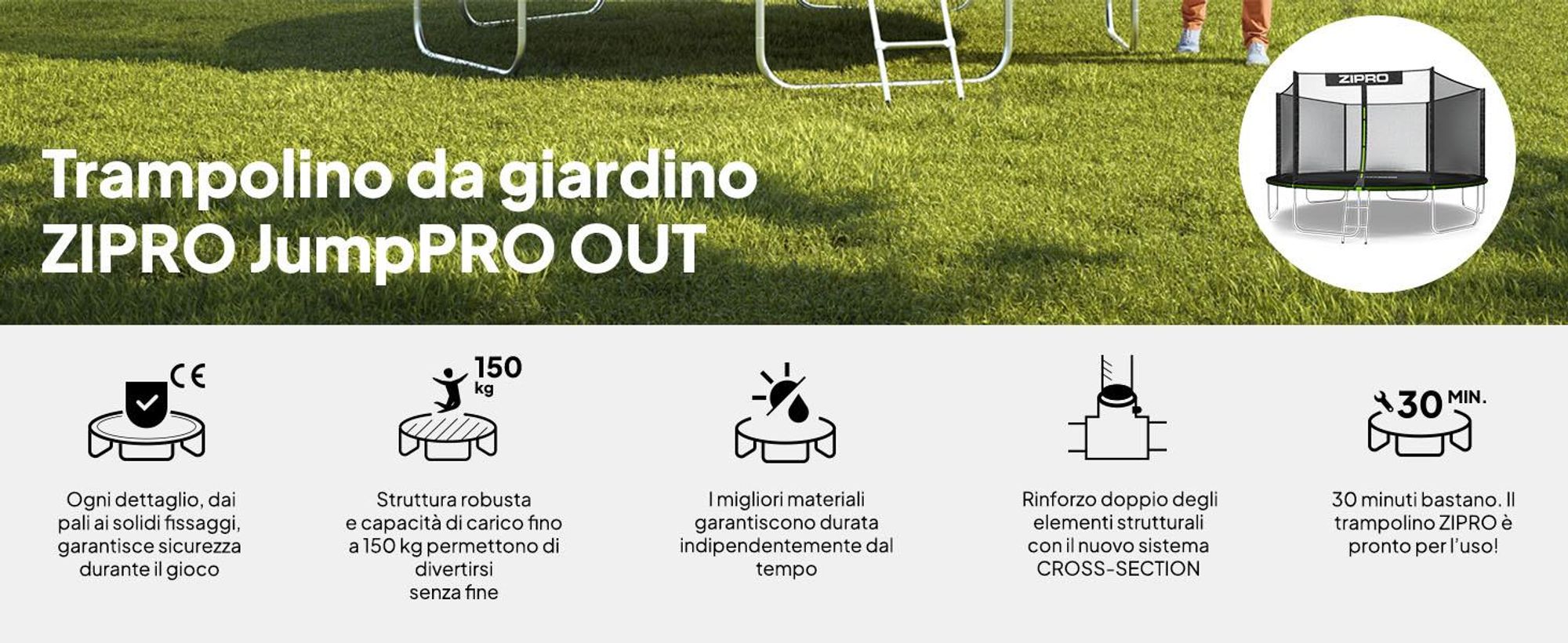 ZIPRO Trampolino Jump Pro Out | 14FT Ø 435 cm | Trampolino da giardino Trampolino per bambini Set completo incl. rete esterna, scaletta e copertura perimetrale, per esterni, verde