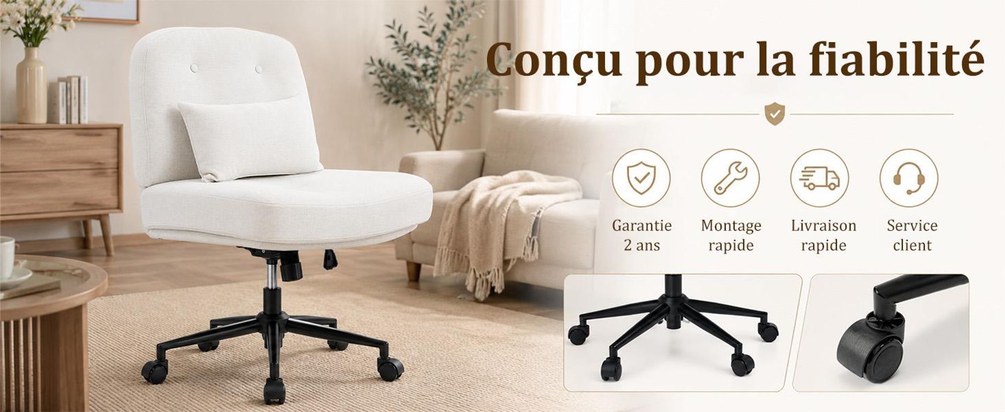 Chaise, pivotante, dossier réglable Chaise de Bureau Ergonomique Sans Roulettes, Pivotante avec Assise Large, Réglable en Hauteur, Coussin, Beige