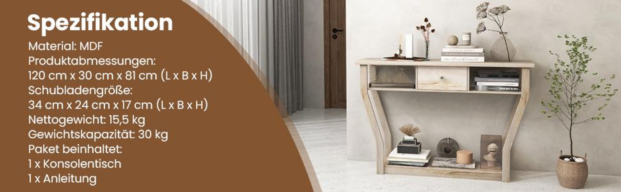 COSTWAY Konsolentisch mit Schublade und Regal, Flurtisch Beistelltisch schwarz
