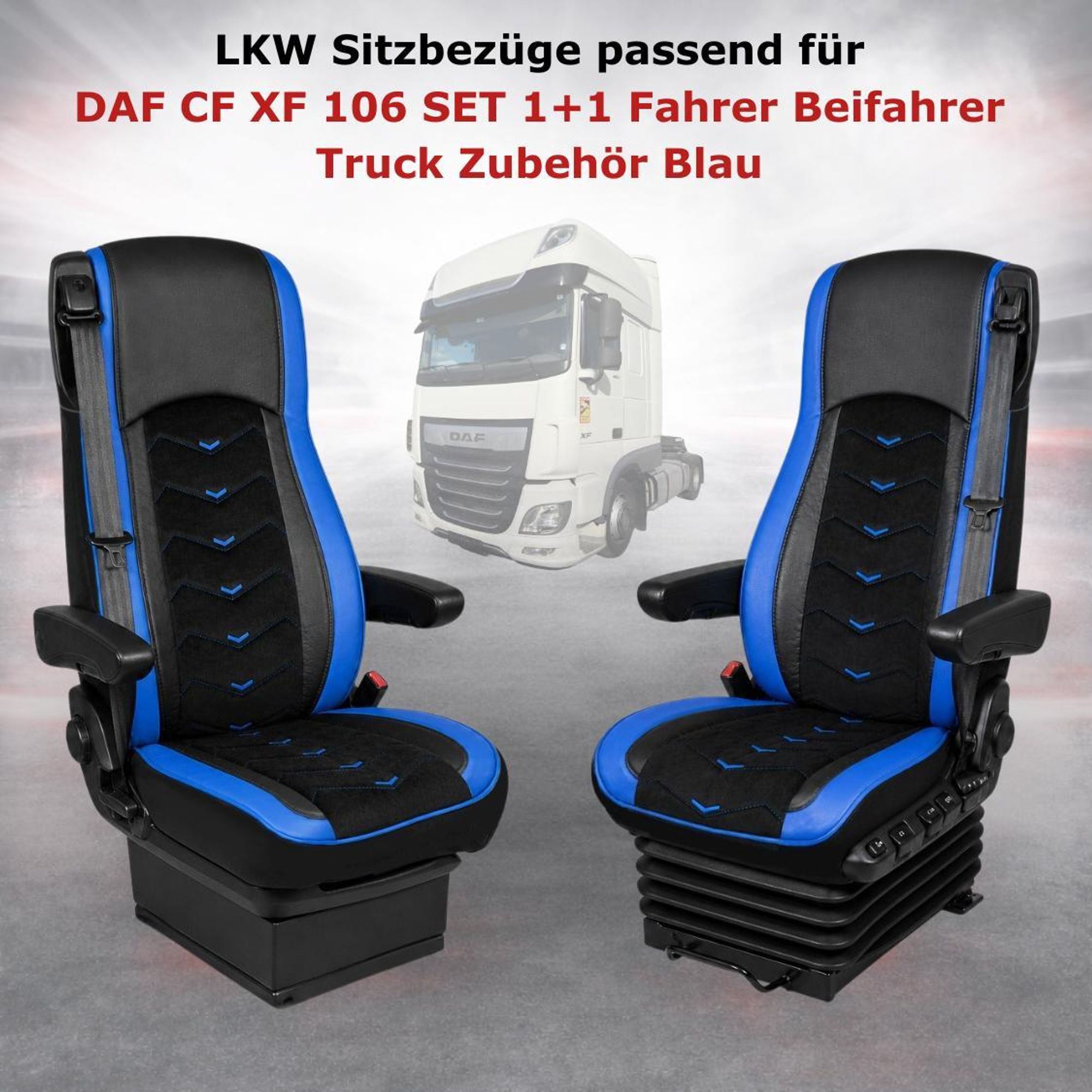 LKW Sitzbezüge passend für DAF CF XF 106 SET 1+1 Fahrer Beifahrer Truck Zubehör Blau