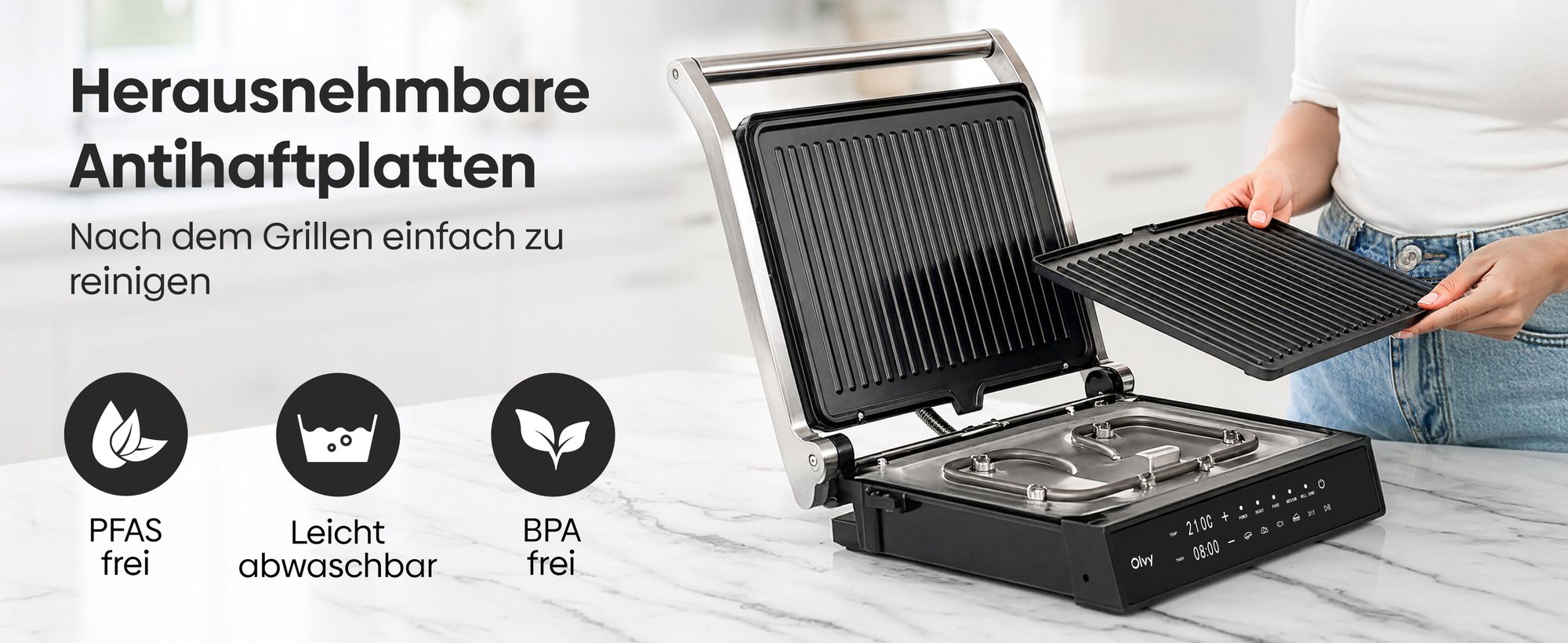 Olvy Kontaktgrill, 2000W, Elektrogrill Sandwichmaker, 5 Programme, Paninimaker, Grilltoaster indoor Grill, PFAS-freie Platten, Tisch Grill