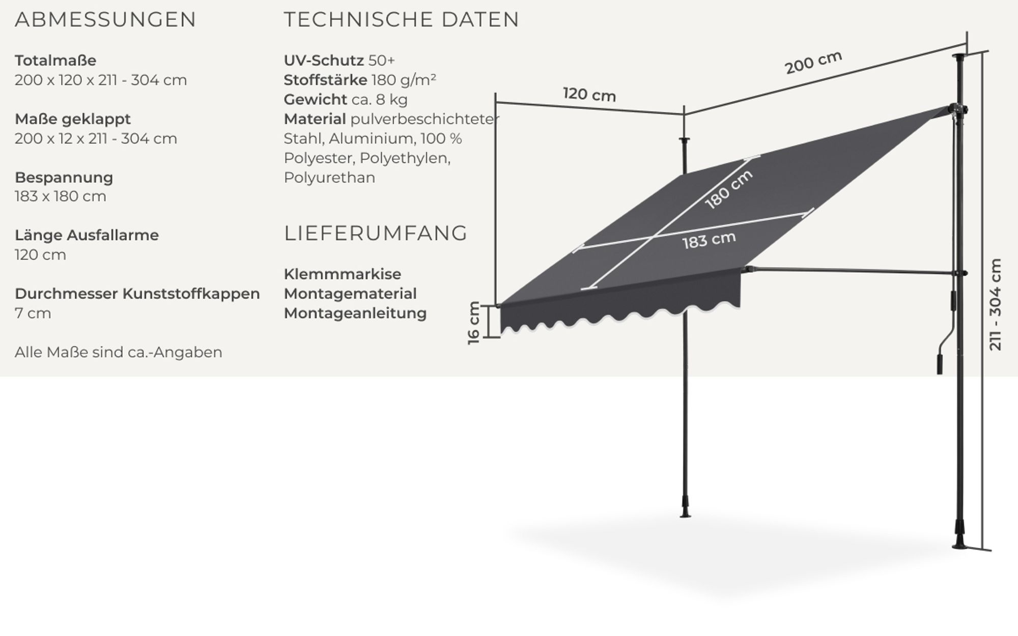 tectake® Klemmmarkise mit Handkurbel einfache Montage