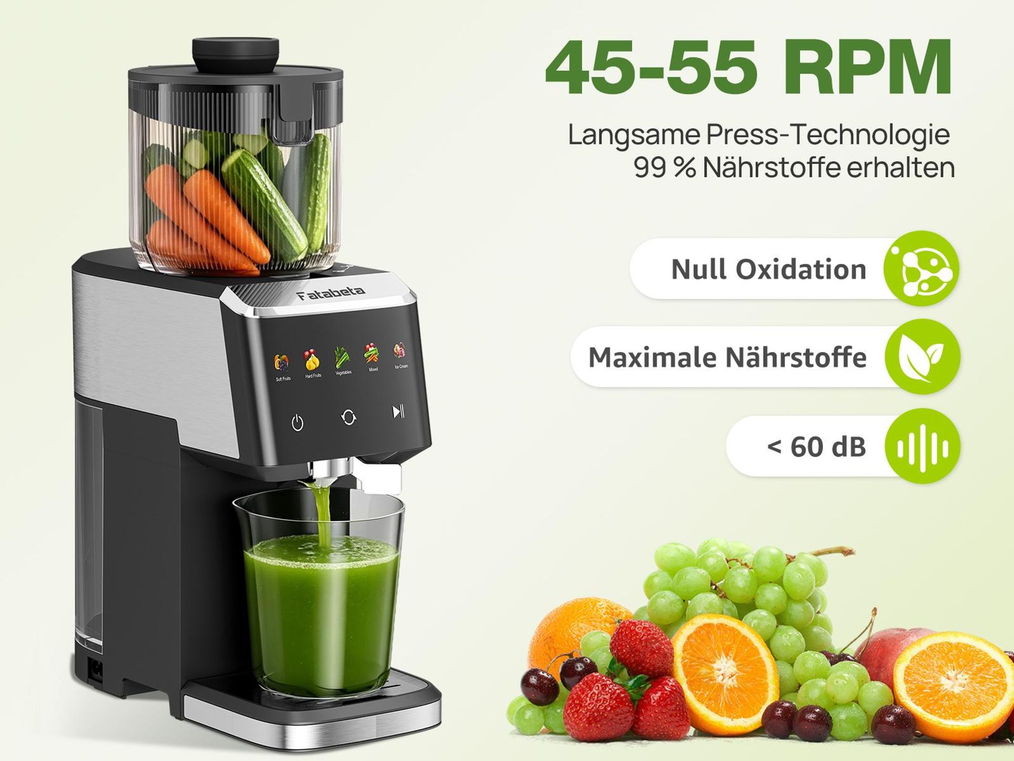 FATABETA Entsafter Slow Juicer 135 mm Große Öffnung elektrisch entsafter für Gemüse und Obst 1,6 L Füllvolumen mit 2 Gläsern, Elektrische Saftpresse