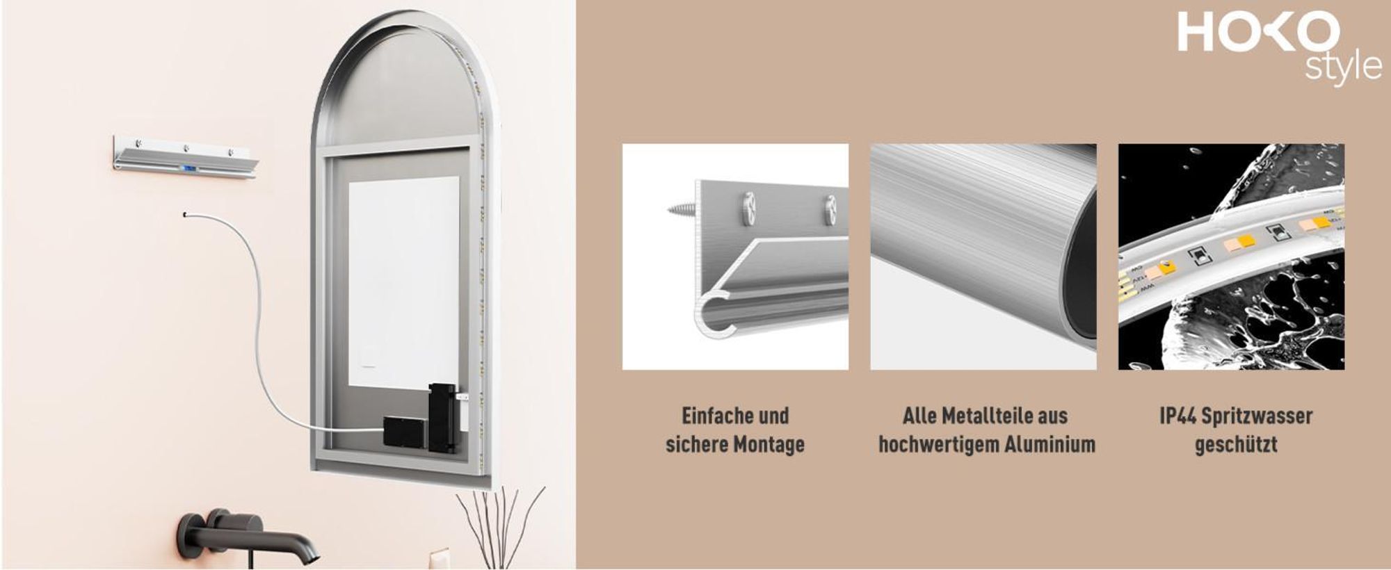 HOKO LED Bogenspiegel mit Metallrahmen 60x100 cm Anti-fog Warmweiß & Kaltweiß Badezimmer & Flur Touch-Sensor & Memory-Funktion
