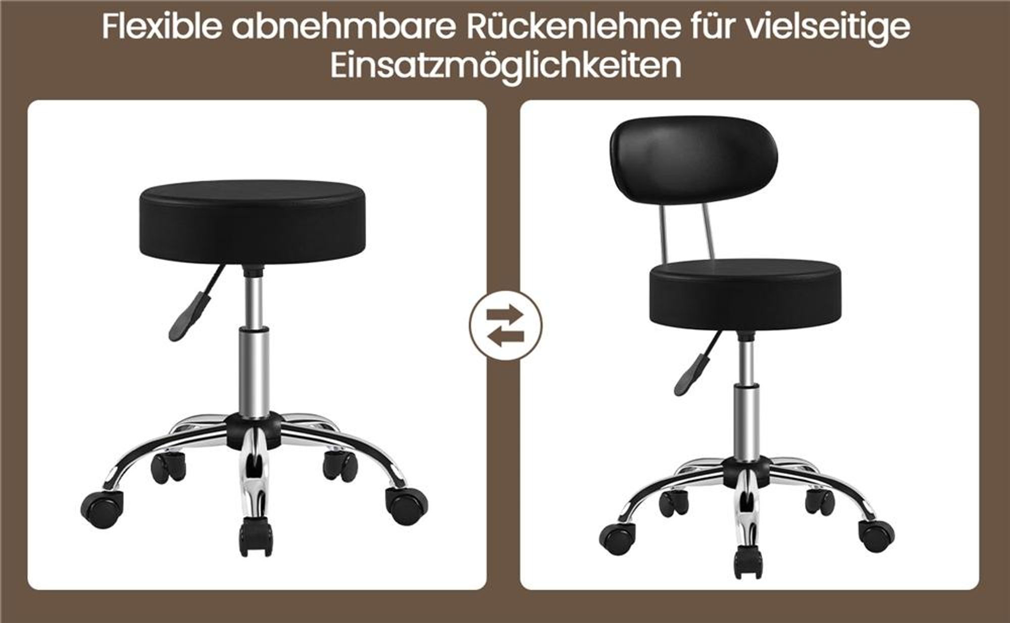 Yaheetech Drehhocker Rollhocker mit abnehmbaren Rückenlehnen, höhenverstellbarer Arbeitshocker mit Rollen, Schwarz