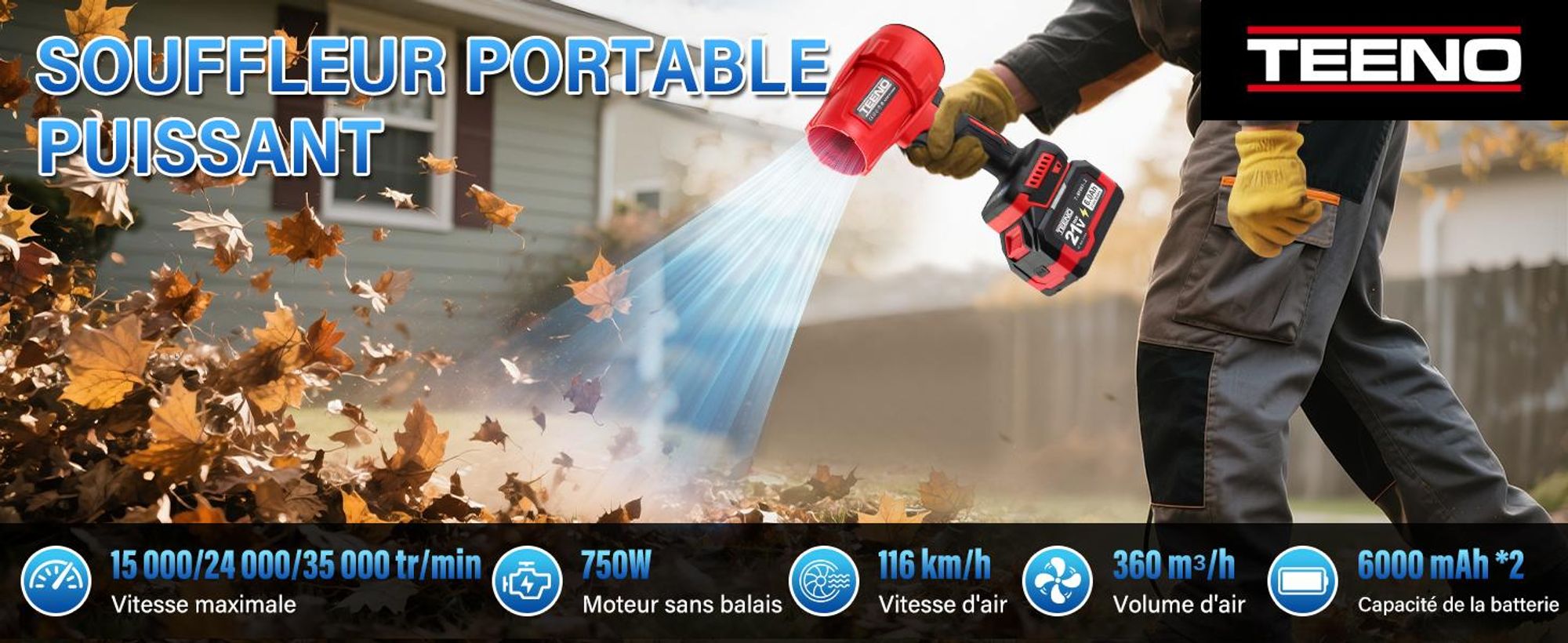 TEENO - Souffleur sans Fil 21V – 3 Vitesse Max 35000 TR/Min, Léger, Compact, 3 Buses Incluses, 2x6,0Ah Batteries - Chargeur, Makita Compatible