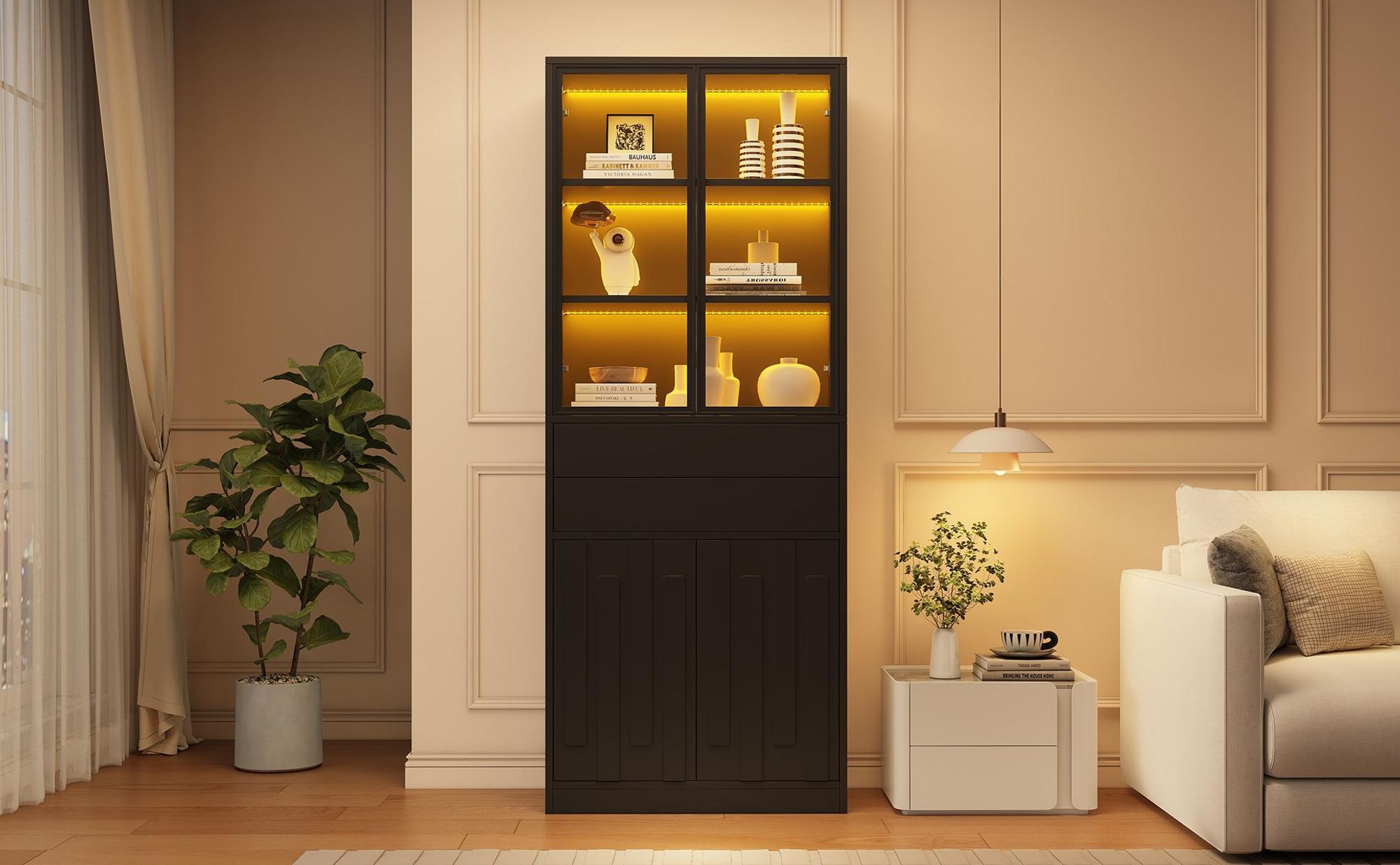 STILVORA Vitrinenschrank mit LED-Beleuchtung und 2 Schubladen, Glasvitrine mit Glastüren, Hochschrank für Wohnzimmer, Küche und Arbeitszimmer
