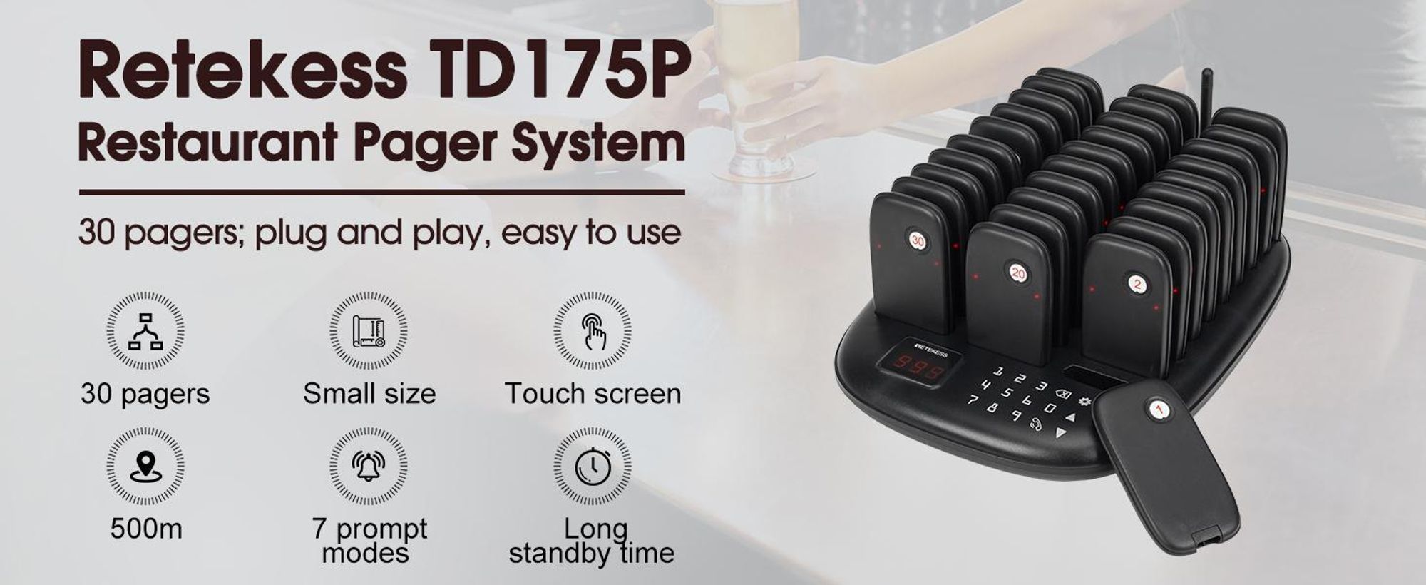 Systém pagerov Retekess TD175P pre reštaurácie, 30 pagerov, pagerový volací systém s dosahom 800 m, 7 režimov volania, pagery pre stravovacie zariadenia, kaviarne, bary, gastronómiu, vysielačky