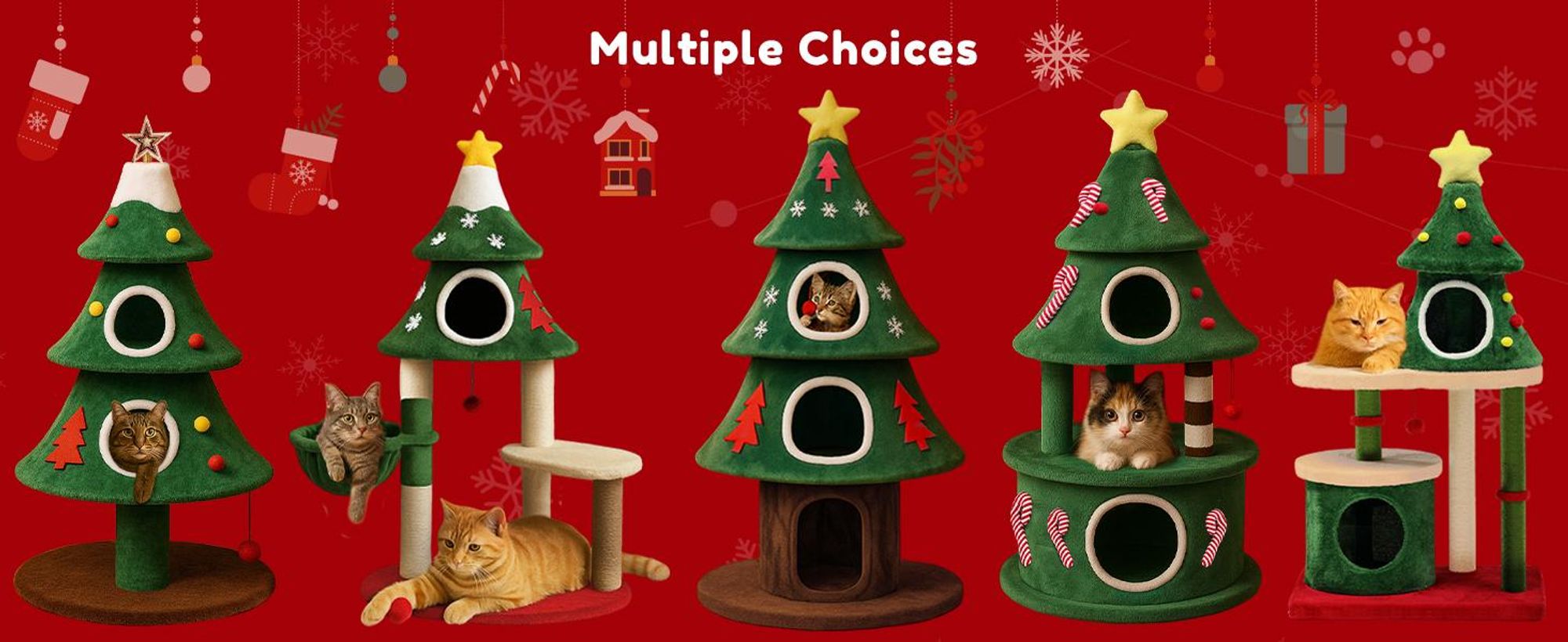 COMHOMA tiragraffi alto 135 cm, design albero di Natale, albero per gatti a più piani con casetta per gatti, con tiragraffi e palla da gioco Stabile albero da arrampicata per gatti