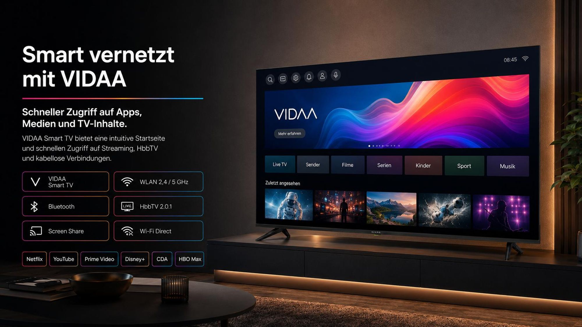 Kiano Elegance 65 VIDAA 4K UHD Smart TV, 65 Zoll DLED Fernseher mit HbbTV, WLAN