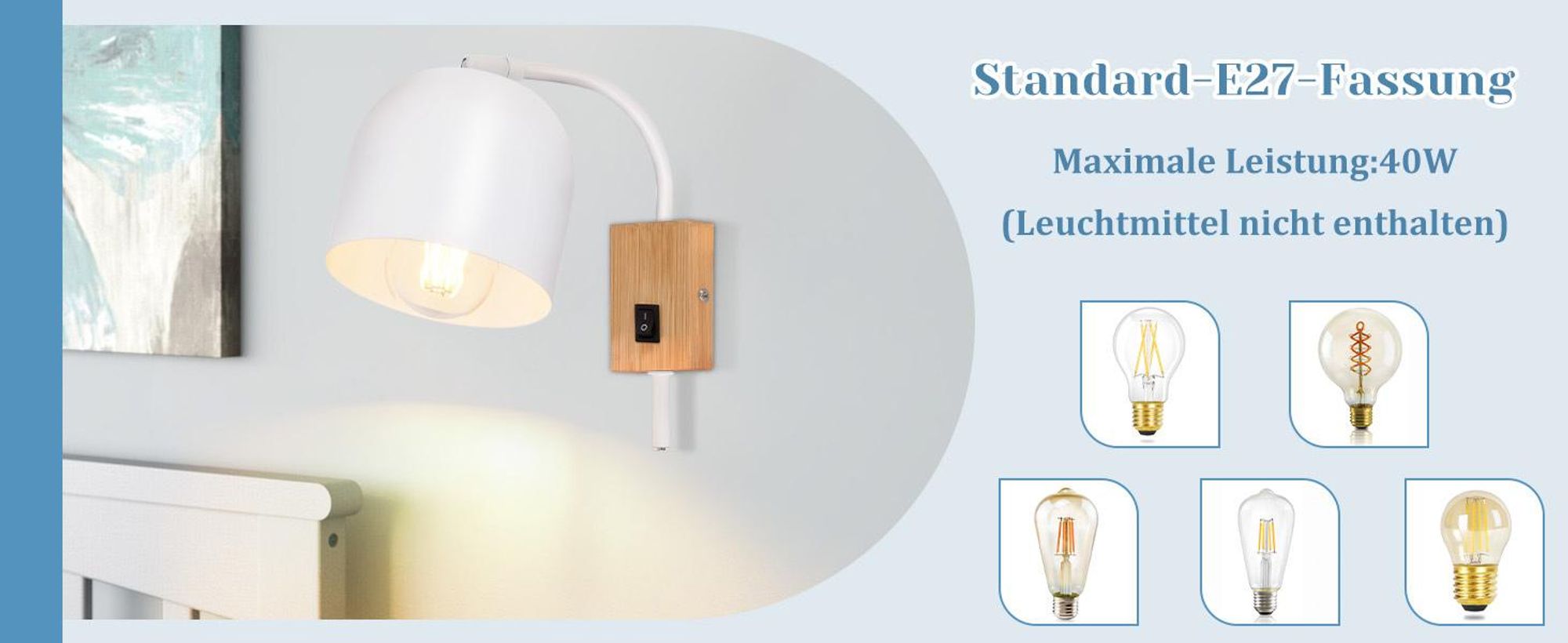 ZMH Wandleuchte Weiß Innen Holz mit Kippschalter Wandlampe Vintage E27 Metall Schwenkbar 330° Wandspots für Flur Kinderzimmer Wohnzimmer Schlafzimmer Treppe
