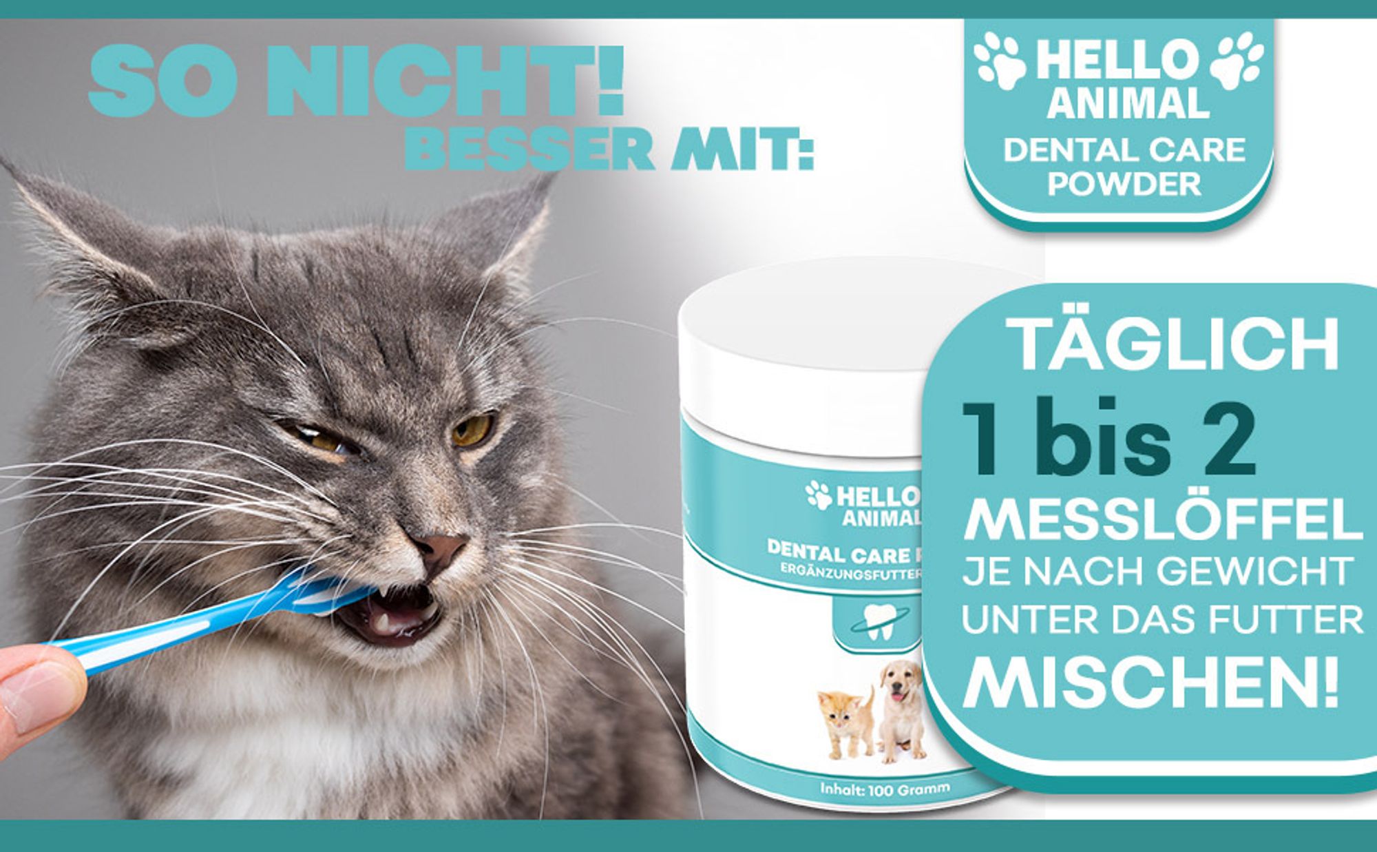Hello Animal® | Dental Care Pulver - Zahnreinigung und Zahnpflege – Mundgeruch bekämpfen - für Hunde und Katzen