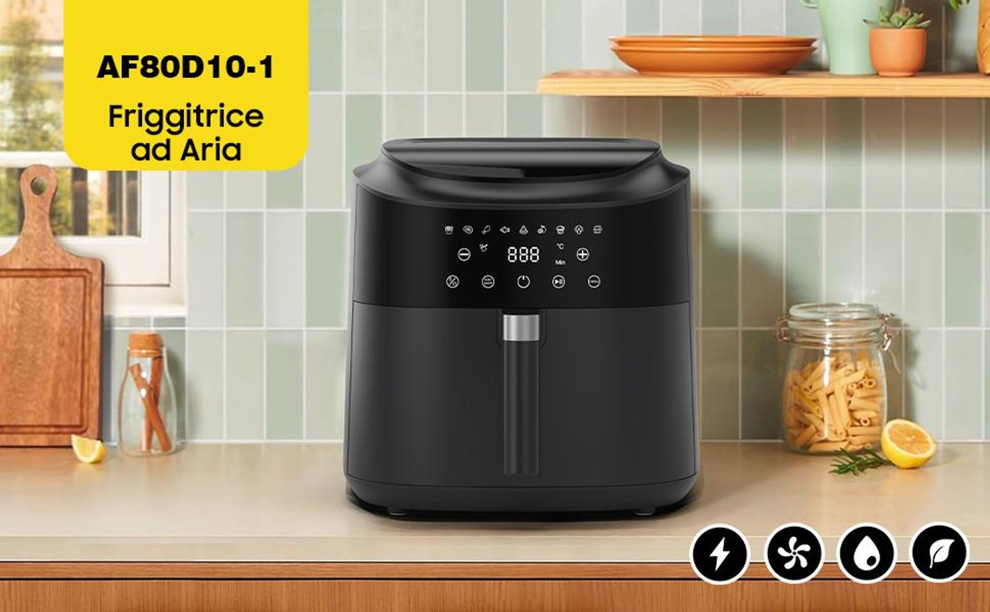Friggitrice ad aria 9L grande capacità, 2350W, schermo touch LED, 9 programmi preimpostati, circolazione aria calda a 360°