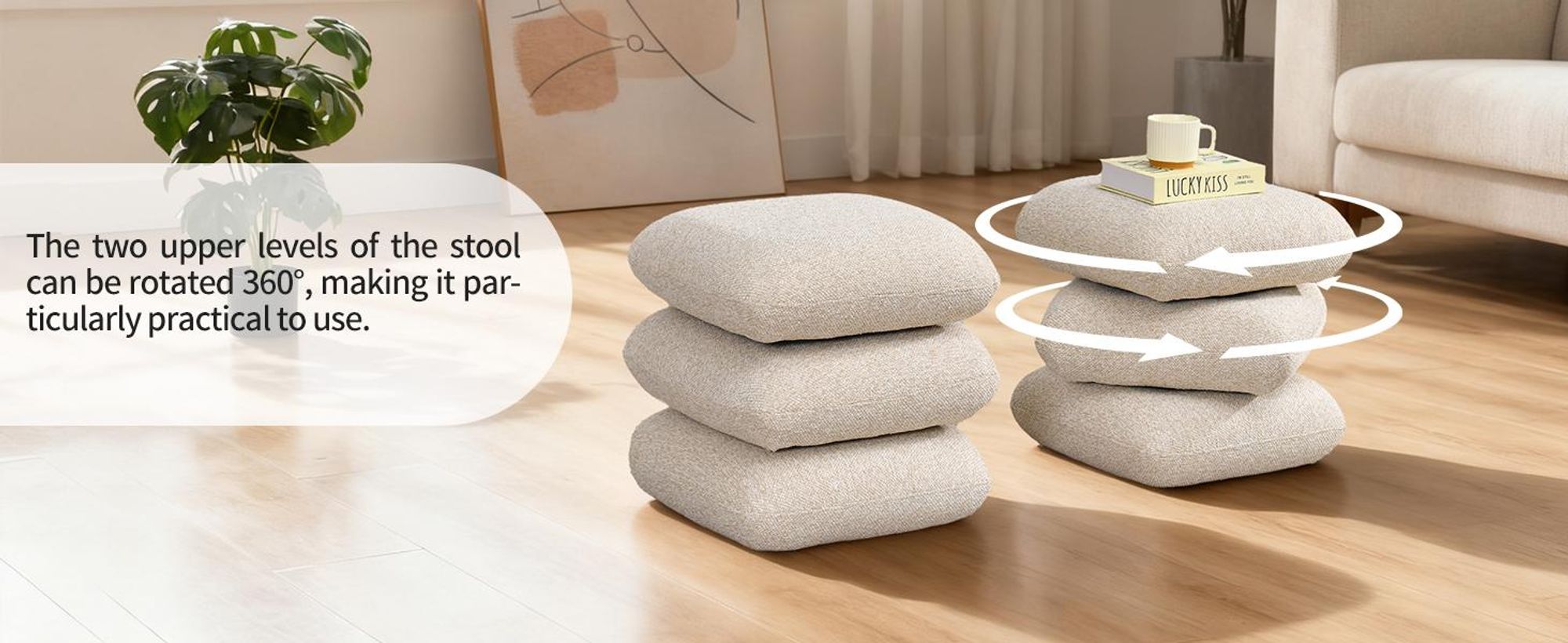 Duhome Bouclé pouf 360° otočný otoman Moderný podnožník do obývačky, spálne, predsiene, béžová farba