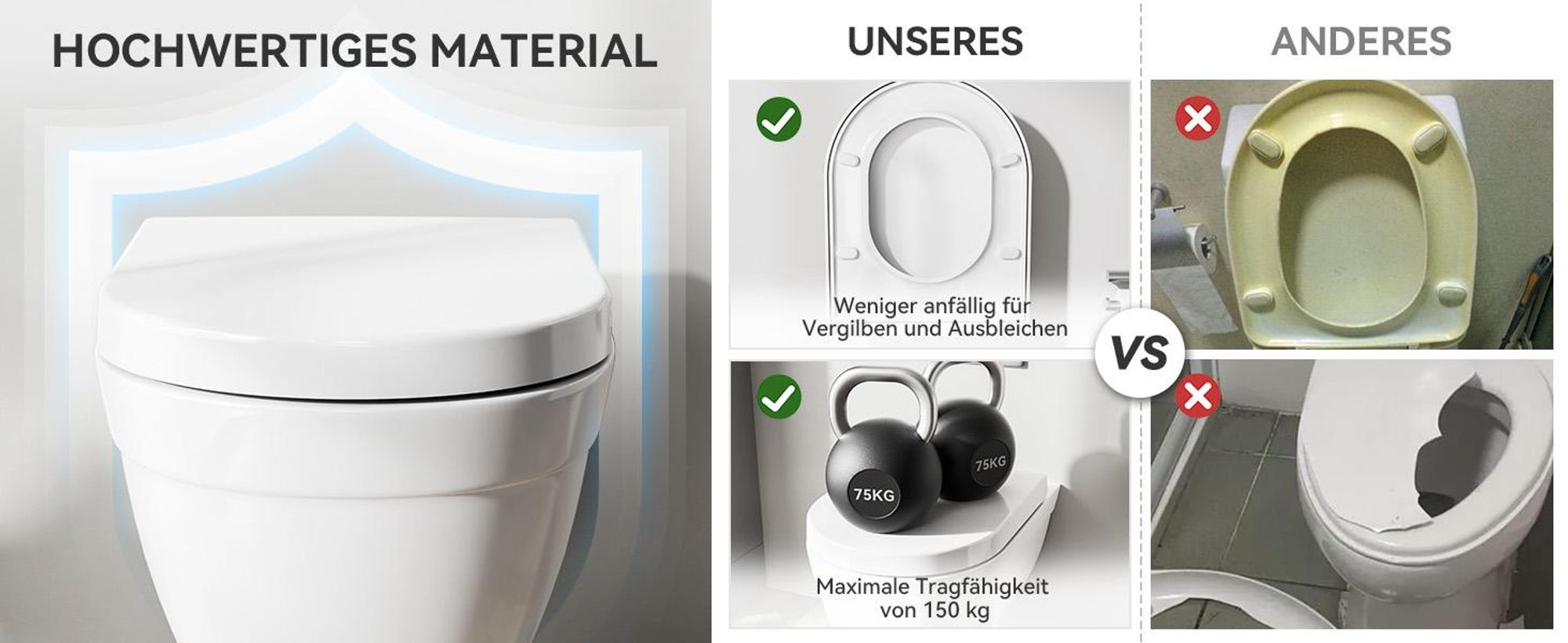 WC Sitz D Form 46 x 36 cm, Toilettendeckel Weiß mit Absenkautomatik, Soft Close, Schnellverschluss, abnehmbar, PP, 250 kg Tragkraft, Cecipa MAX