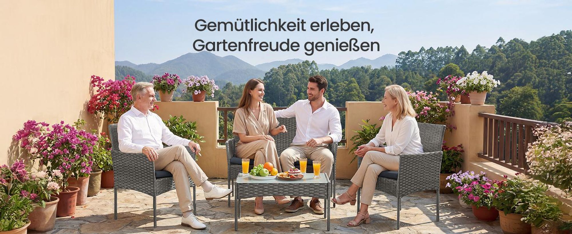 SONGMICS Balkonmöbel-Set, Polyrattan Lounge-Möbel, 4-teilig, Outdoor Sitzgruppe mit Tisch und Bank, für Garten, grau
