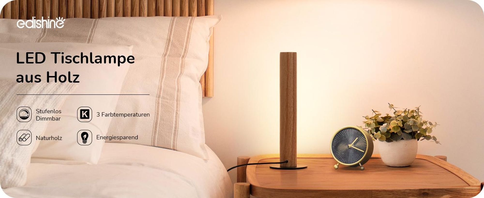EDISHINE LED Tischlampe Holz, Nachttischlampe Touch Dimmbar, Speicherfunktion