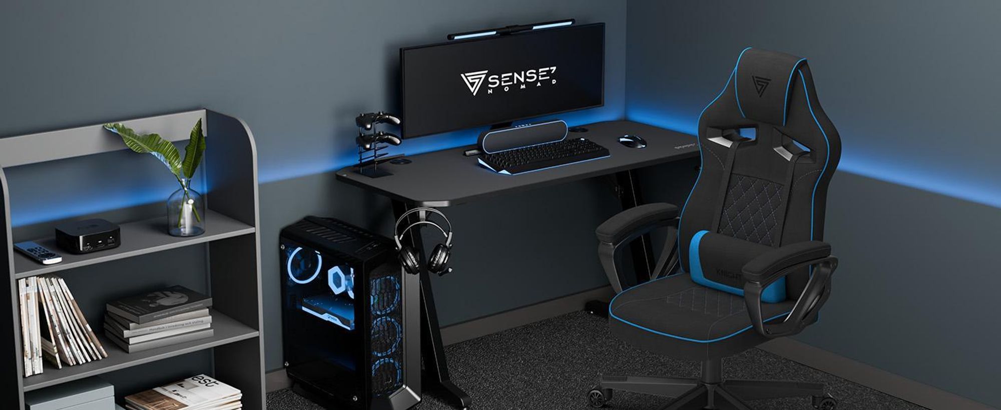 SENSE7 Knight Herní židle z látky Černá-modrá - Ergonomická kancelářská židle Kancelářská židle PC Počítačová židle Herní židle 120 kg