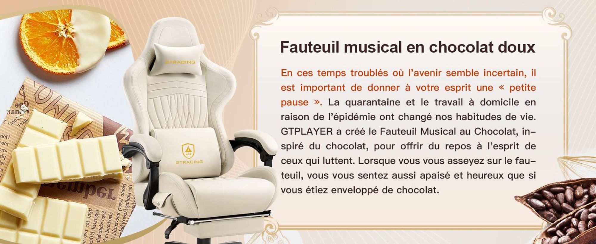 GTPLAYER Chaise de jeu ACE PRO, Chaise de bureau ergonomique Accoudoirs inclinables Avec repose-pieds, Haut-parleur Hi-Fi, Atmosphère sonore impressionnante, Ivory